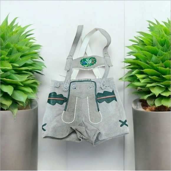 80s Leather Lederhosen Brown/Grey with Green and Red Leather Piping Details - Picture 11 of 11